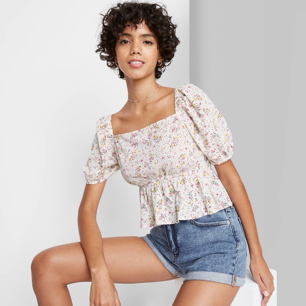 Wild Fable White Floral Square-Neck Peplum Crop Top